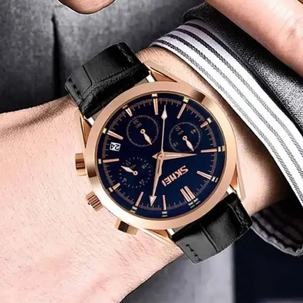 SKMEI 9127 Quartz Analog Leather Strap Casual Men's Watch – Dial Color: Blue, Strap Color: Black – View 4