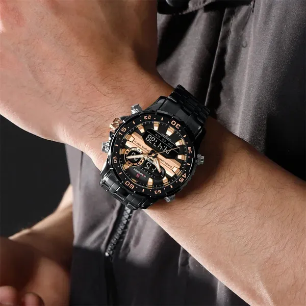 Naviforce 9234 High Quality Stainless Steel Dual Movement Sport Fashion Men Watch – Dial Color: Brown, Strap Color: Black – View 3
