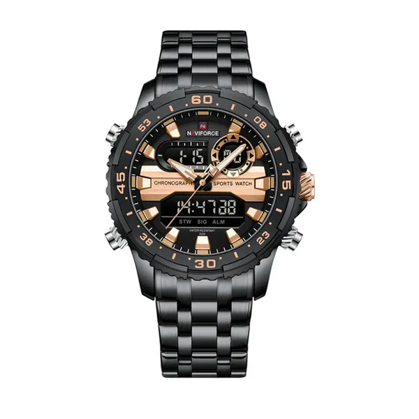 Naviforce 9234 High Quality Stainless Steel Dual Movement Sport Fashion Men Watch – Dial Color: Brown, Strap Color: Black – View 1