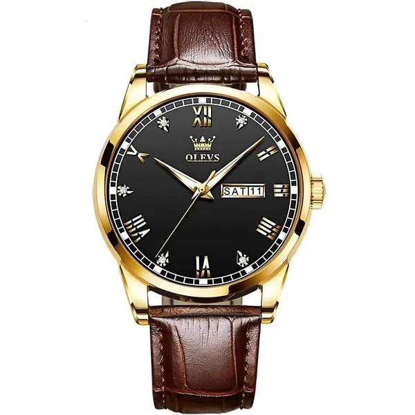 OLEVS 6896 Business Leather Strap Diamond Studded Gold Dial Waterproof Analog Wristwatch – Dial Color: Black Gold, Strap Color: Brown – View 1