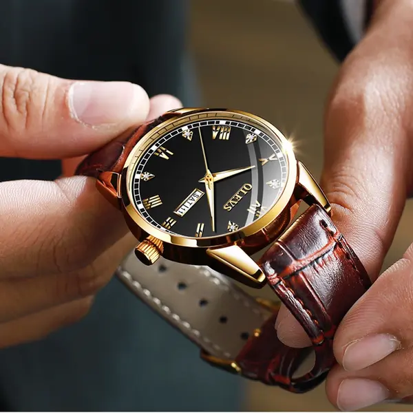 OLEVS 6896 Business Leather Strap Diamond Studded Gold Dial Waterproof Analog Wristwatch – Dial Color: Black Gold, Strap Color: Brown – View 5