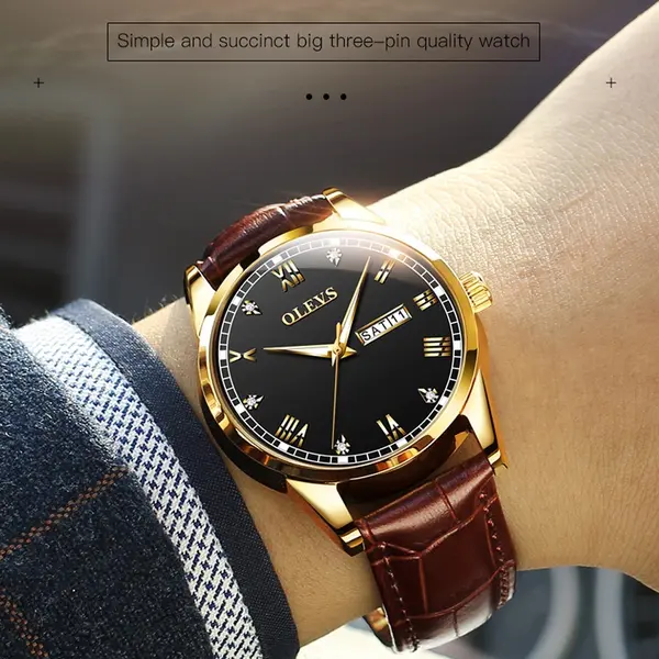 OLEVS 6896 Business Leather Strap Diamond Studded Gold Dial Waterproof Analog Wristwatch – Dial Color: Black Gold, Strap Color: Brown – View 6