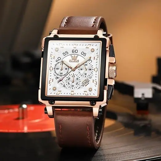 OLEVS 9919 Elite Sports Leather Strap Square Dial Chronograph Men's Analog Watch  – Dial Color: White, Strap Color:  Brown  – View 2