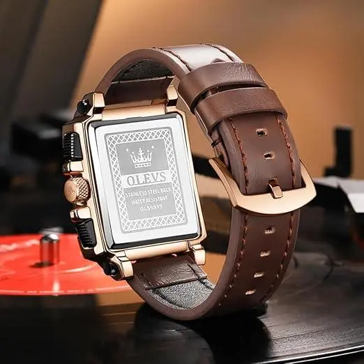 OLEVS 9919 Elite Sports Leather Strap Square Dial Chronograph Men's Analog Watch  – Dial Color: White, Strap Color:  Brown  – View 3