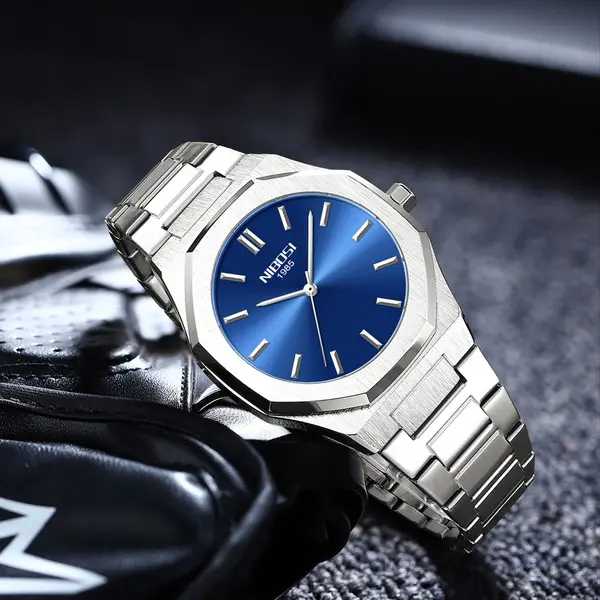 Nibosi 2520 Polygon Waterproof & Stainless Steel Strap Men's Watch – Dial Color: Black, Strap Color: Silver – View 3