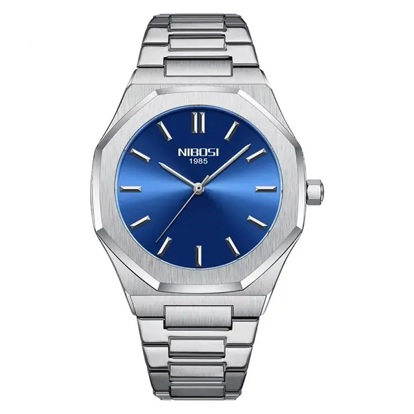 Nibosi 2520 Polygon Waterproof & Stainless Steel Strap Men's Watch – Dial Color: Black, Strap Color: Silver – View 1