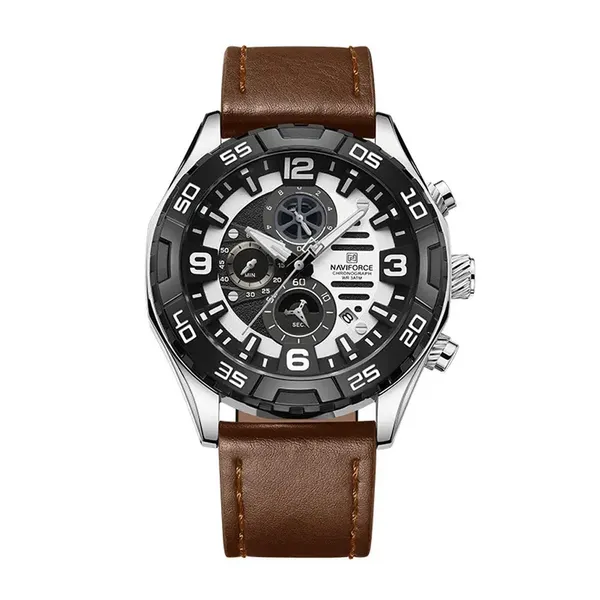 Naviforce NF8043 Elegance Stainless Steel Men's Watch – Dial Color: Silver, Strap Color:  Brown  – View 1