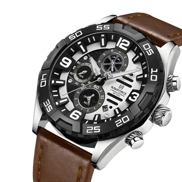 Naviforce NF8043 Elegance Stainless Steel Men's Watch – Dial Color: Silver, Strap Color:  Brown  – View 2