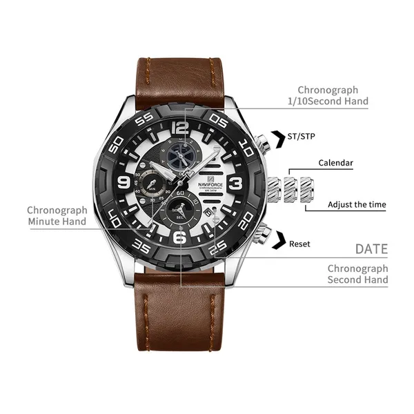 Naviforce NF8043 Elegance Stainless Steel Men's Watch – Dial Color: Silver, Strap Color:  Brown  – View 4