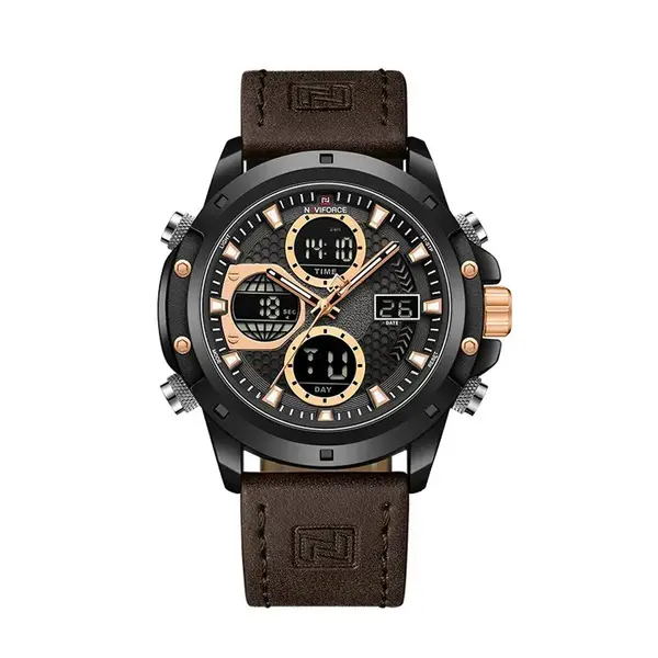 Naviforce NF9225 Elite Leather Dual Time Quartz Classic Men's Watch – Dial Color: Black, Strap Color:  Brown  – View 1