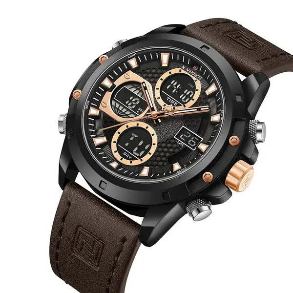 Naviforce NF9225 Elite Leather Dual Time Quartz Classic Men's Watch – Dial Color: Black, Strap Color:  Brown  – View 3