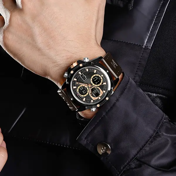 Naviforce NF9225 Elite Leather Dual Time Quartz Classic Men's Watch – Dial Color: Black, Strap Color:  Brown  – View 4