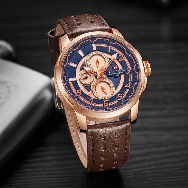 NAVIFORCE NF9142 PU Leather Chronograph Men's Watch – Dial Color: Rose, Strap Color:  Brown  – View 3