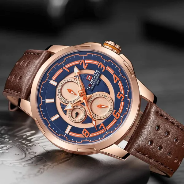 NAVIFORCE NF9142 PU Leather Chronograph Men's Watch – Dial Color: Rose, Strap Color:  Brown  – View 4