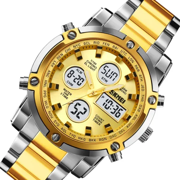 Skmei 1389 Stainless Steel Business Men’s Watch  – Dial Color: Gold, Strap Color: Silver – View 2