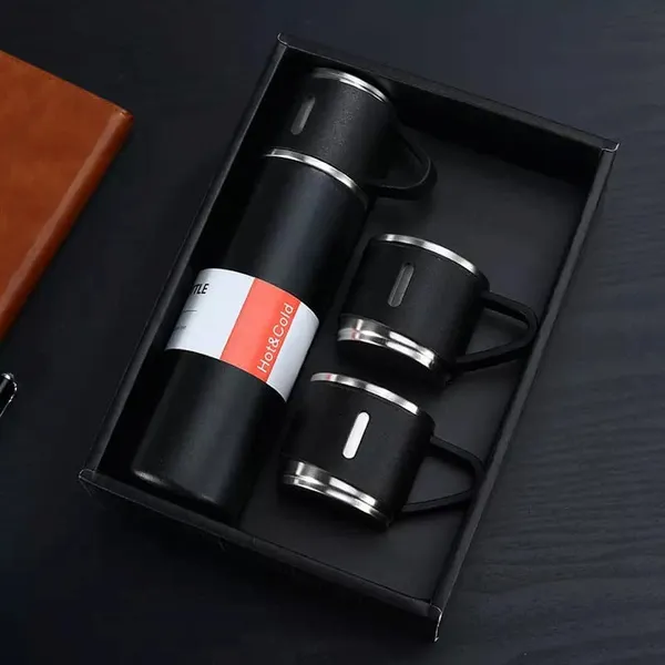 3 in 1 Vacuum Insulated Thermal Flask With Cup Set  – Capacity: 500 ml, Color: Black – View 2
