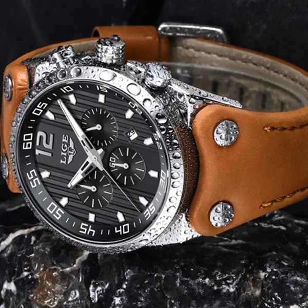 LIGE 9890 Analog High Quality Leather Quartz Chronograph Casual Men's Watch – Dial Color: Silver, Strap Color:  Brown  – View 4