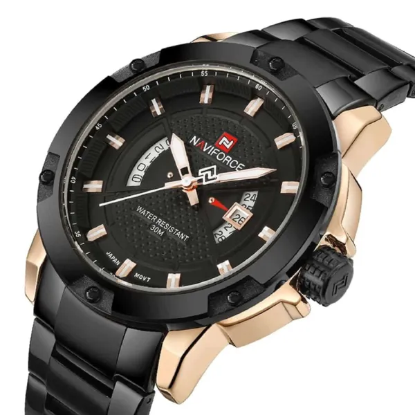 Naviforce 9085 Water Resistant Stainless Steel Quartz Men's Watch – Dial Color: Rose, Strap Color: Black – View 2