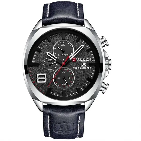 Curren 8324 Genuine Leather Strap Quartz Chronograph Men's Watch – Dial Color: Black, Strap Color: Black – View 1