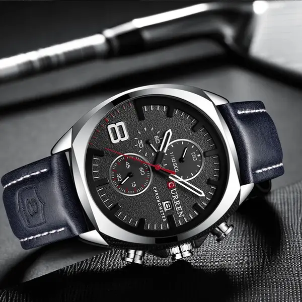 Curren 8324 Genuine Leather Strap Quartz Chronograph Men's Watch – Dial Color: Black, Strap Color: Black – View 3