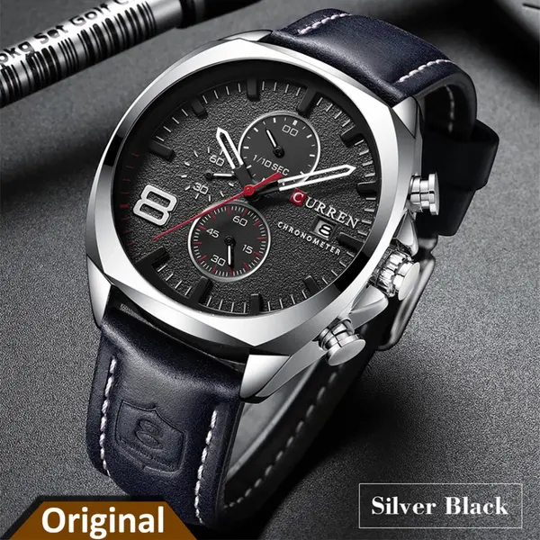 Curren 8324 Genuine Leather Strap Quartz Chronograph Men's Watch – Dial Color: Black, Strap Color: Black – View 2