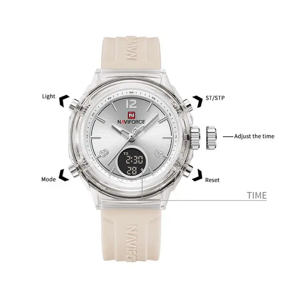 Naviforce NF7109 Fumed Silica Strap Dual Display Transparent LCD Fashion Women's Watch – Dial Color: White, Strap Color: White – View 4