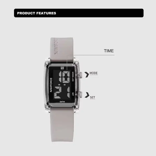 Naviforce NF7118 Comfortable Silicone Starp Digital Fashion Women's Watch – Dial Color: Black, Strap Color: Grey – View 3