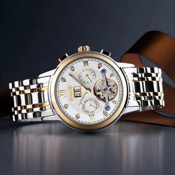 SKMEI M029 Mechanical Automatic Luxury Watch for Men – Dial Color: Rose, Strap Color: Silver – View 4