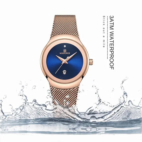 Naviforce NF5004 Milanese Mesh Strap Waterproof Versatile Ultra Thin Women's watch – Dial Color: Blue, Strap Color:  Brown  – View 2