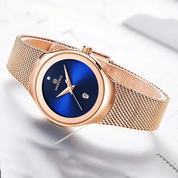 Naviforce NF5004 Milanese Mesh Strap Waterproof Versatile Ultra Thin Women's watch – Dial Color: Blue, Strap Color:  Brown  – View 3