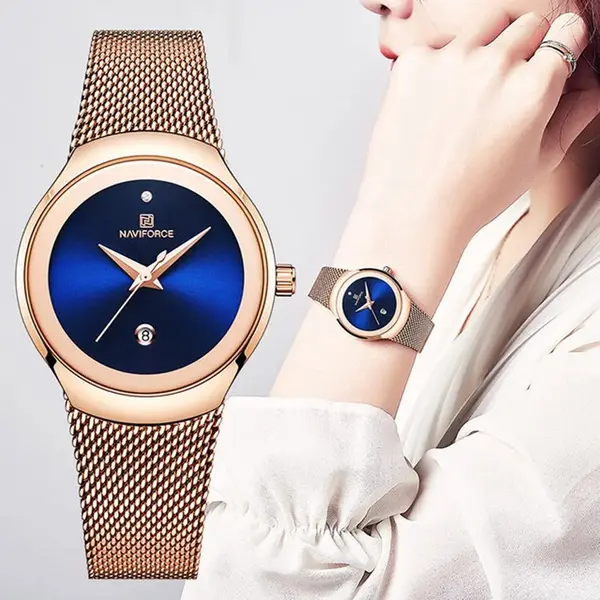 Naviforce NF5004 Milanese Mesh Strap Waterproof Versatile Ultra Thin Women's watch – Dial Color: Blue, Strap Color:  Brown  – View 5