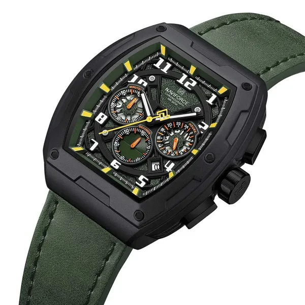 Naviforce 8053 High Quality Genuine Leather Straps Chronograph Men's Watch – Dial Color: Green, Strap Color: Green  – View 2