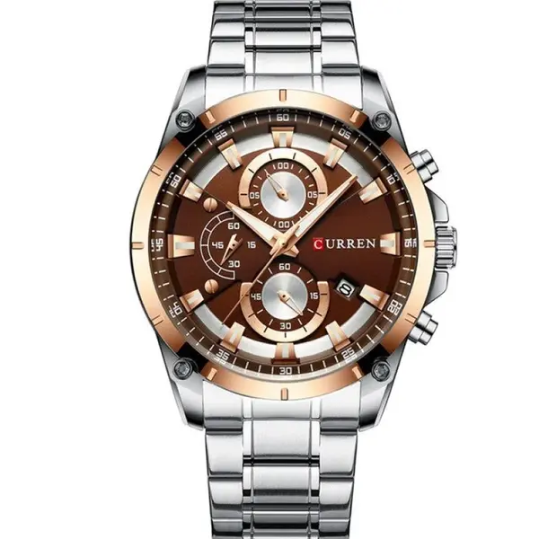 Curren 8360 Comfortable Stainless Steel Multifunctional Analog Men's Watch – Dial Color: Brown, Strap Color: Silver – View 1