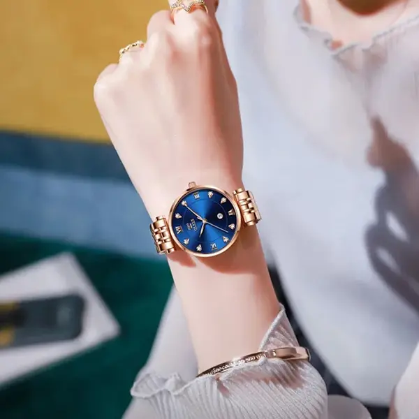 OLEVS 5866 Luxury Stainless Steel Rose Gold Flash Diamond Series Waterproof Women's Wristwatch – Dial Color: Blue, Strap Color: Rose Gold – View 3