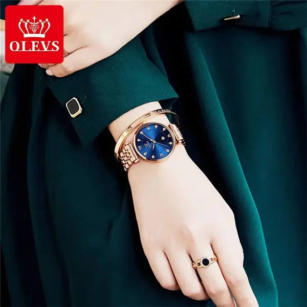 OLEVS 5866 Luxury Stainless Steel Rose Gold Flash Diamond Series Waterproof Women's Wristwatch – Dial Color: Blue, Strap Color: Rose Gold – View 4
