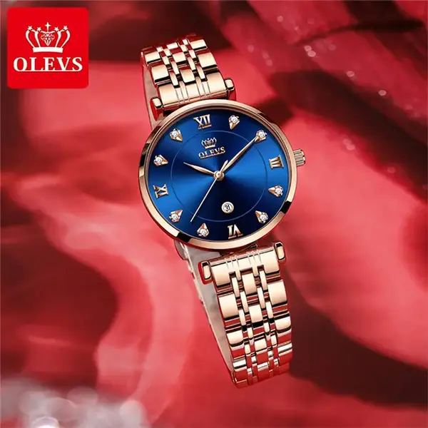 OLEVS 5866 Luxury Stainless Steel Rose Gold Flash Diamond Series Waterproof Women's Wristwatch – Dial Color: Blue, Strap Color: Rose Gold – View 5