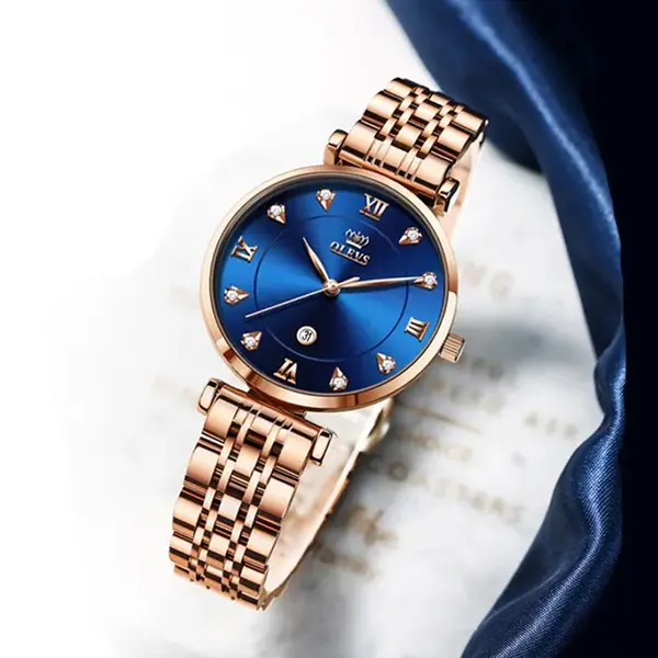 OLEVS 5866 Luxury Stainless Steel Rose Gold Flash Diamond Series Waterproof Women's Wristwatch – Dial Color: Blue, Strap Color: Rose Gold – View 2