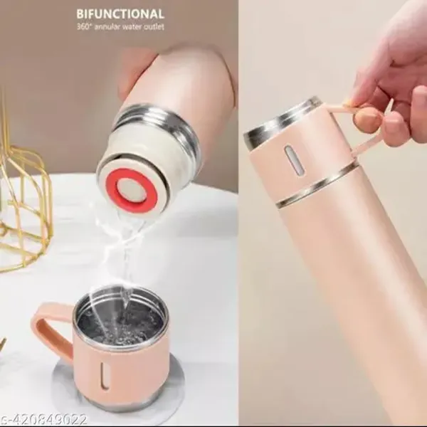 3 in 1 Vacuum Insulated Thermal Flask With Cup Set  – Capacity: 500 ml, Color: Pink – View 2