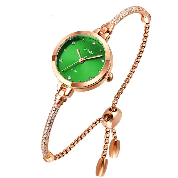 SKMEI 1805 Premium Bracelet Style Stainless Steel Women's Watch – Dial Color: Green, Strap Color: Gold  – View 1