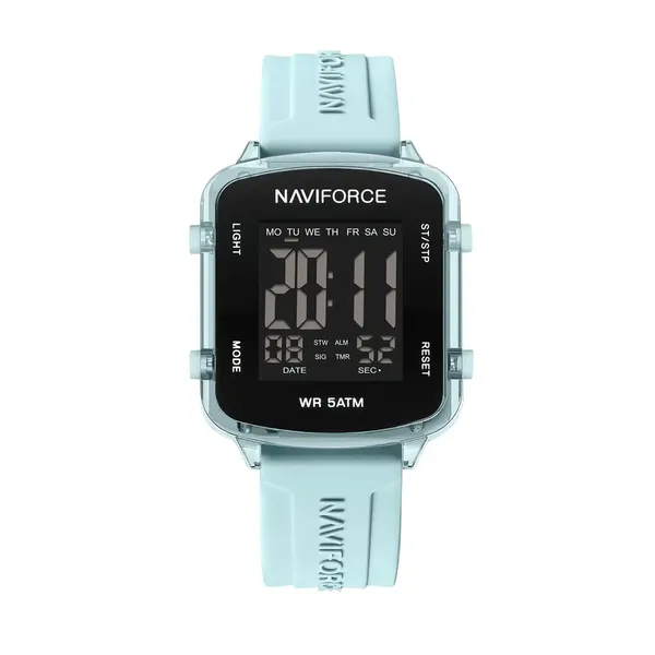 Naviforce 7120 Silicone Strap Multi-Functional Sport Fashion Digital Women Watch – Dial Color: Black, Strap Color: Sky Blue – View 1
