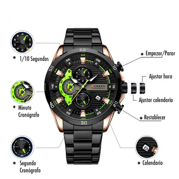 Curren 8402 Luxury Stainless Steel & Chronograph Men's Watch – Dial Color: Black Gold, Strap Color: Black – View 5