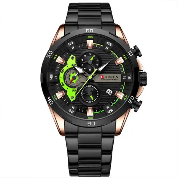 Curren 8402 Luxury Stainless Steel & Chronograph Men's Watch – Dial Color: Black Gold, Strap Color: Black – View 1