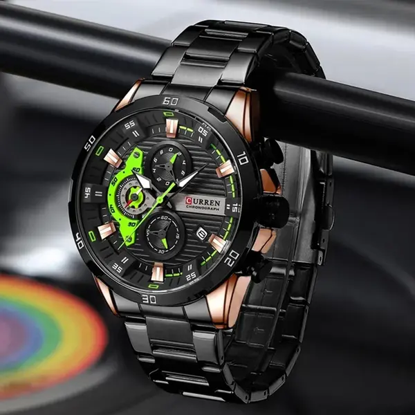 Curren 8402 Luxury Stainless Steel & Chronograph Men's Watch – Dial Color: Black Gold, Strap Color: Black – View 4