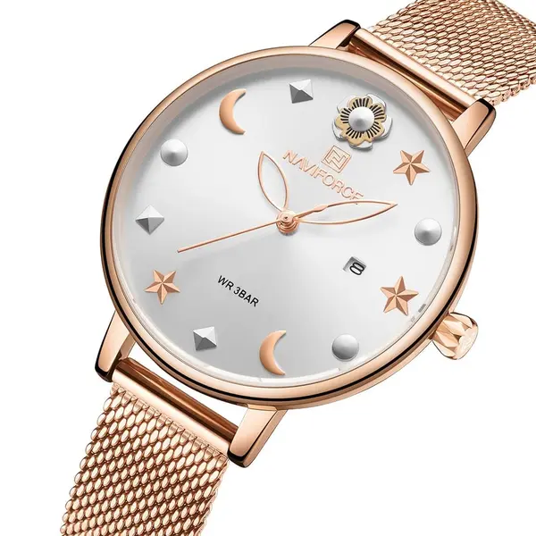NAVIFORCE NF5009 Mesh Stainless Steel Analog Watch For Women – Dial Color: White, Strap Color:  Brown  – View 2