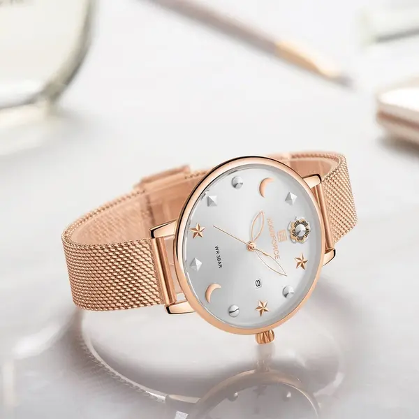 NAVIFORCE NF5009 Mesh Stainless Steel Analog Watch For Women – Dial Color: White, Strap Color:  Brown  – View 3