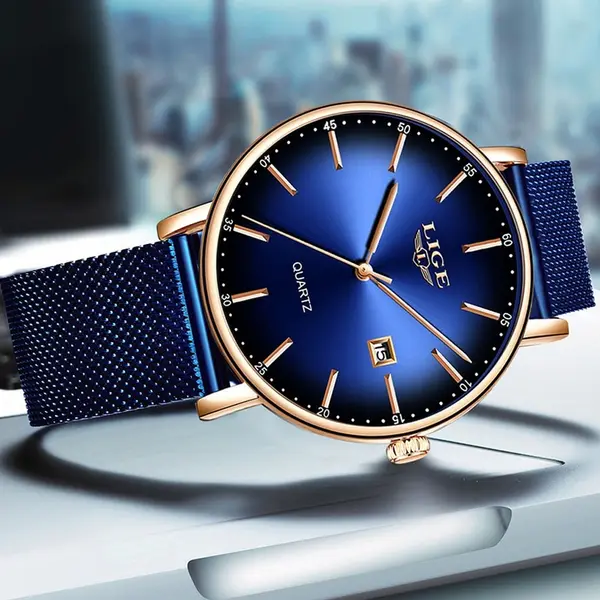 LIGE 9934 Analog Stainless Steel Mesh Belt Luxury Women's Watch – Dial Color: Blue, Strap Color: Blue – View 2