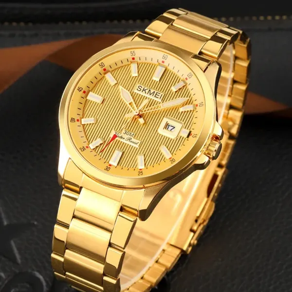 SKMEI 1654 Luxury Stainless Steel Relojes Para Hombre Men's Watch – Dial Color: Gold, Strap Color: Gold – View 3