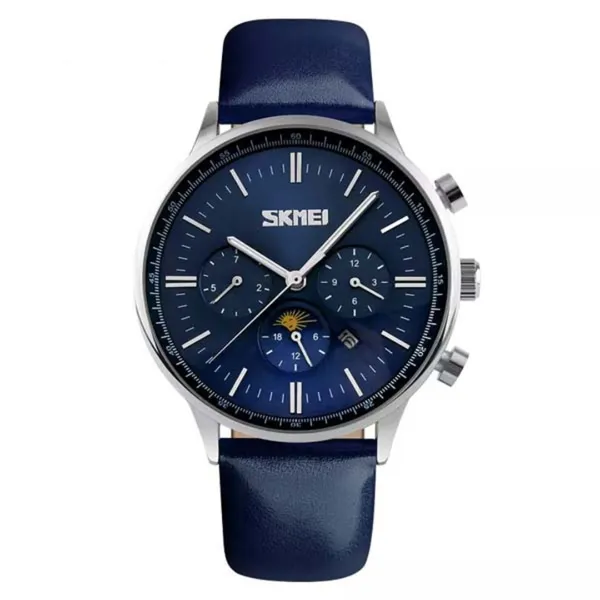 Skmei 9117 Genuine Leather Strap Classic Quartz Men's Watch – Dial Color: Blue, Strap Color: Blue – View 1