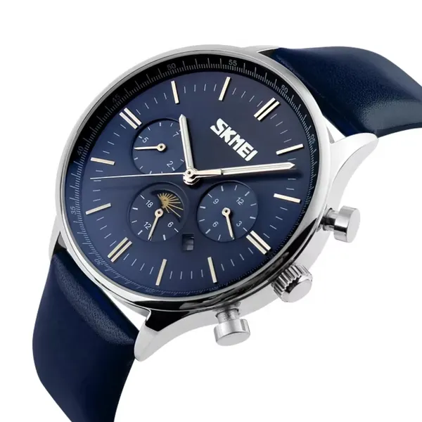 Skmei 9117 Genuine Leather Strap Classic Quartz Men's Watch – Dial Color: Blue, Strap Color: Blue – View 2