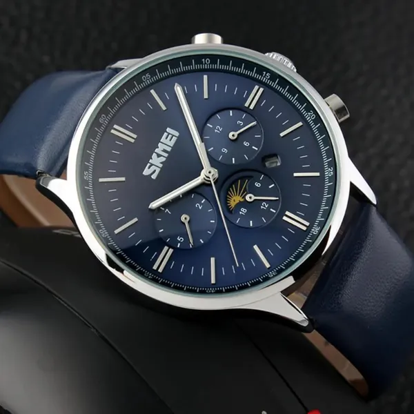 Skmei 9117 Genuine Leather Strap Classic Quartz Men's Watch – Dial Color: Blue, Strap Color: Blue – View 3